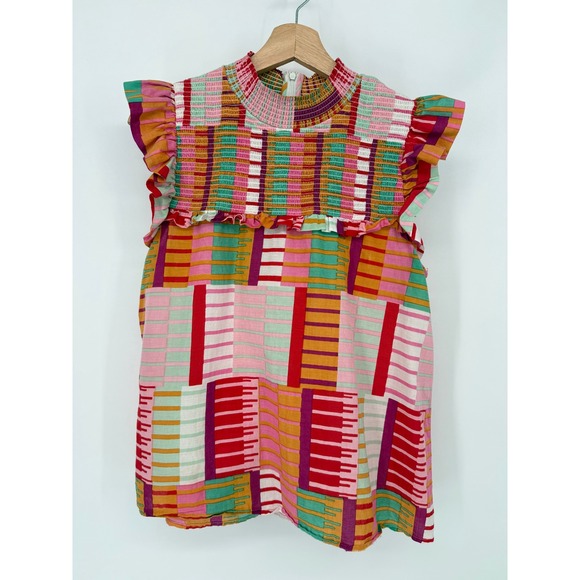 THML Smocked Ruffle Top Womens Medium Multicolor Geometric Patchwork Sleeveless - Picture 2 of 9